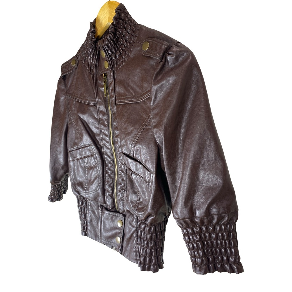 Therapy Brown Vegan Leather Smocked Bomber Jacket Womens Small Edgy Street  Moto - Picture 6 of 10